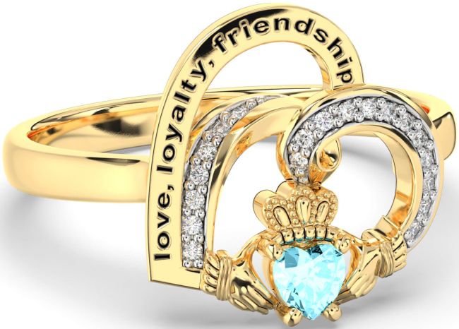 Diamond Aquamarine Gold Silver Irish Claddagh 