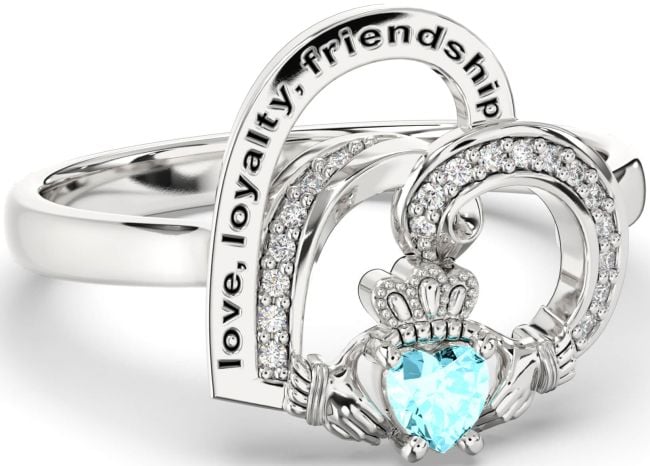 Diamond Aquamarine Silver Irish Claddagh 