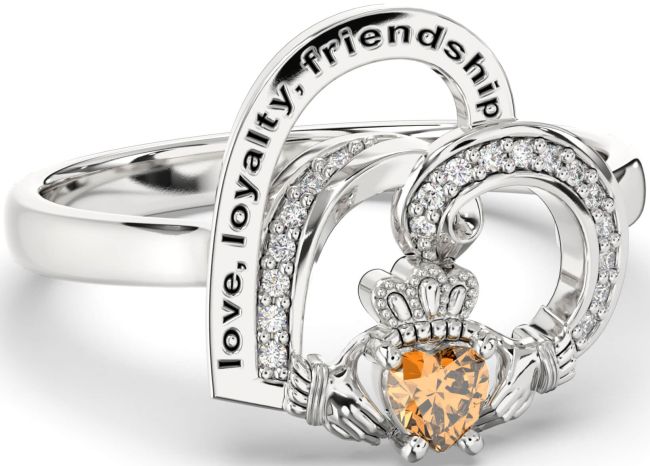 Diamond Citrine Silver Irish Claddagh 