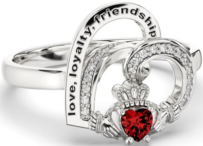 Diamond Garnet Silver Irish Claddagh 