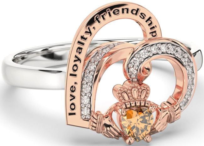 Diamond Citrine Rose Gold Silver Irish Claddagh 