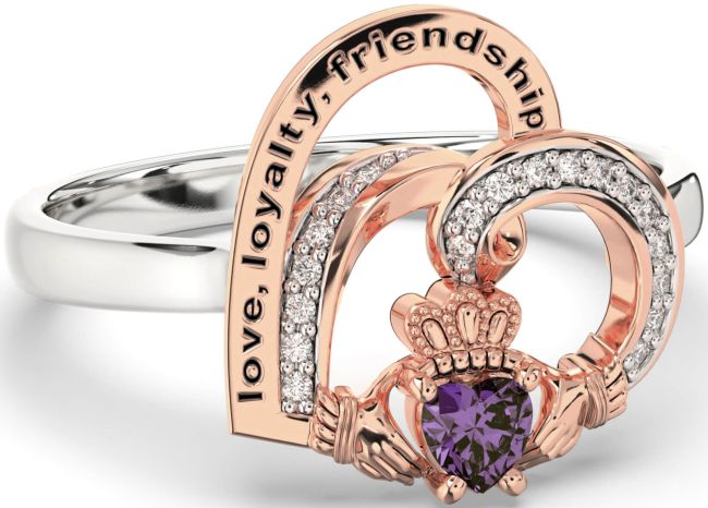 Diamond Alexandrite White Rose Gold Irish Claddagh 