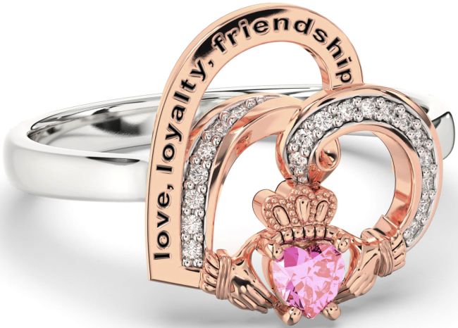 Diamond Pink Tourmaline White Rose Gold Irish Claddagh 