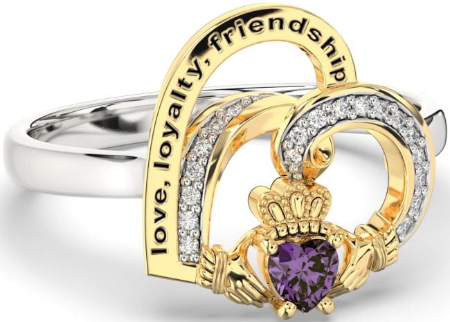 Diamond Alexandrite White Yellow Gold Irish Claddagh 