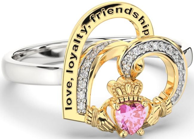 Diamond Pink Tourmaline White Yellow Gold Irish Claddagh 