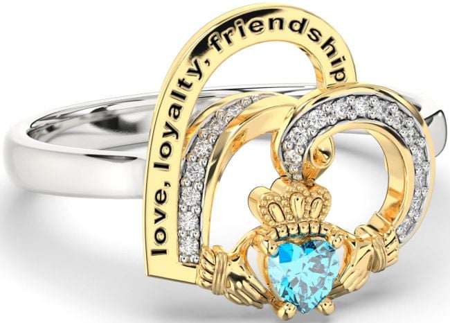 Diamond Topaz White Yellow Gold Irish Claddagh 