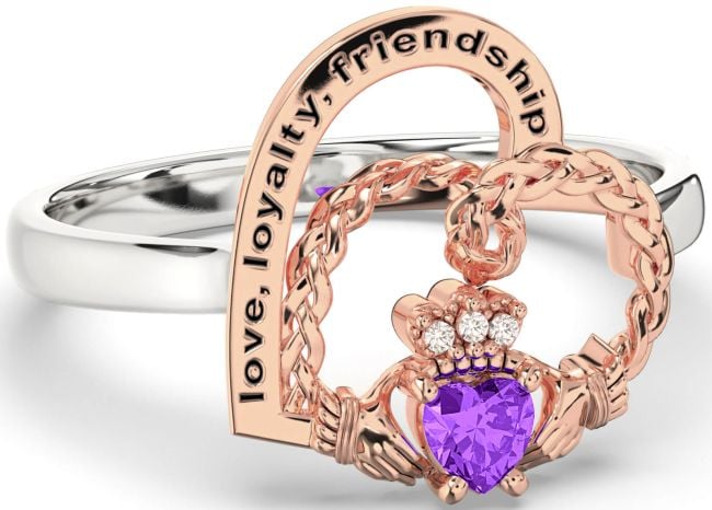 Diamond Amethyst Rose Gold Silver Irish Claddagh 