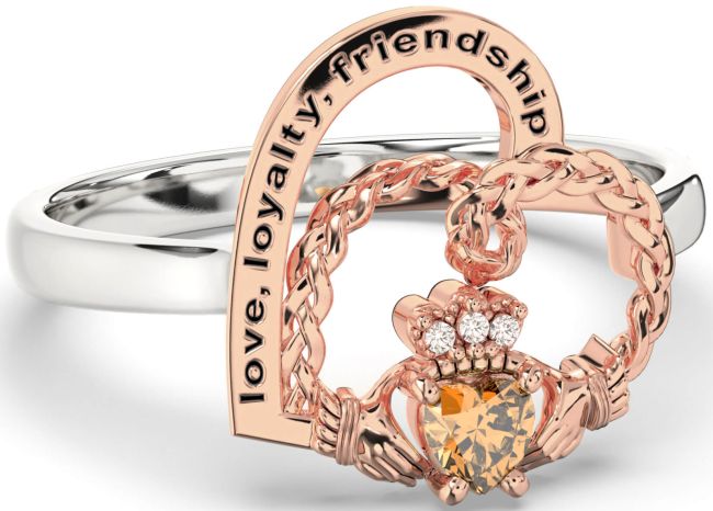 Diamond Citrine Rose Gold Silver Irish Claddagh 