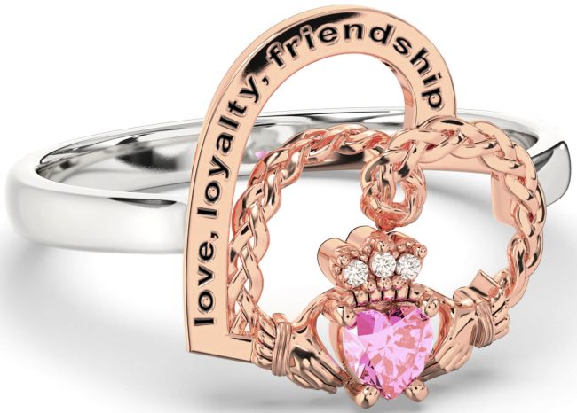 Diamond Pink Tourmaline Rose Gold Silver Irish Claddagh 