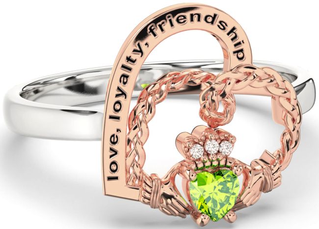 Diamond Peridot Rose Gold Silver Irish Claddagh 