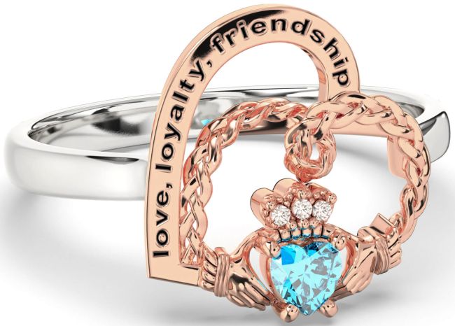 Diamond Topaz Rose Gold Silver Irish Claddagh 