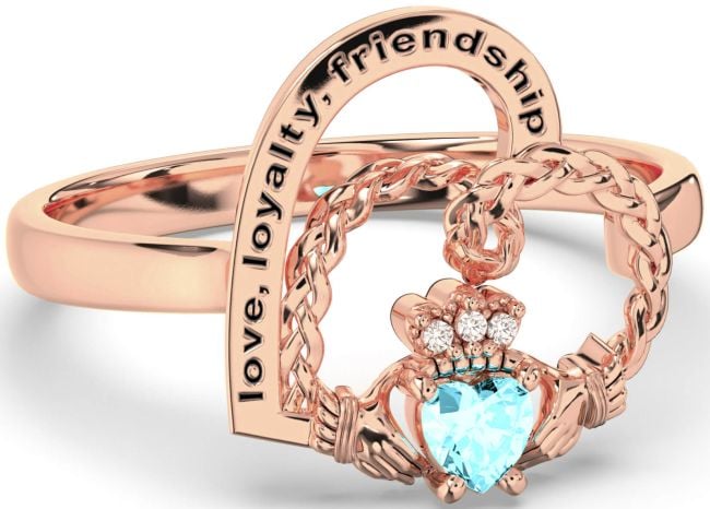 Diamond Aquamarine Rose Gold Silver Irish Claddagh 