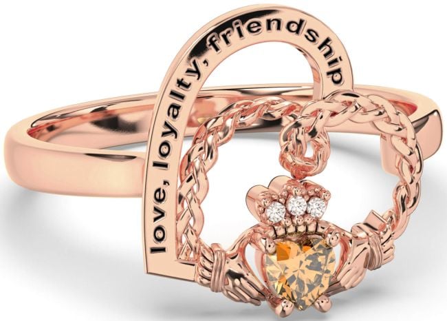 Diamond Citrine Rose Gold Silver Irish Claddagh 