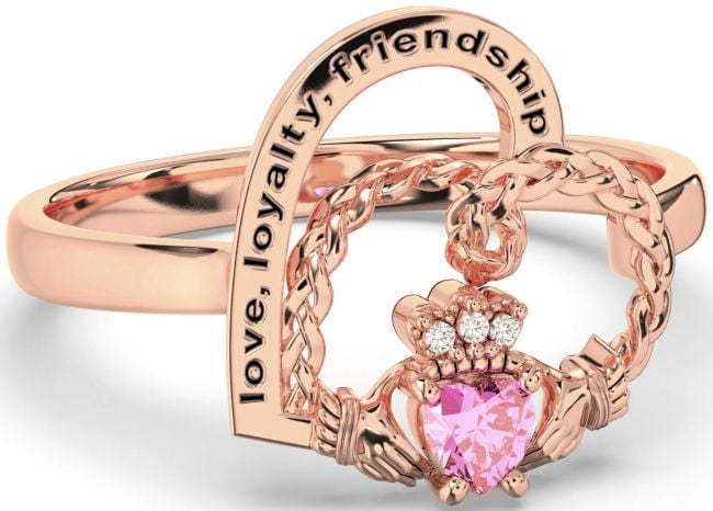 Diamond Pink Tourmaline Rose Gold Silver Irish Claddagh 