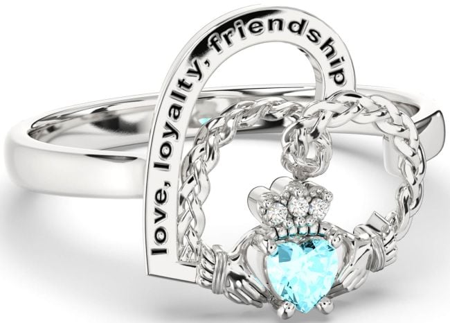 Diamond Aquamarine Silver Irish Claddagh 