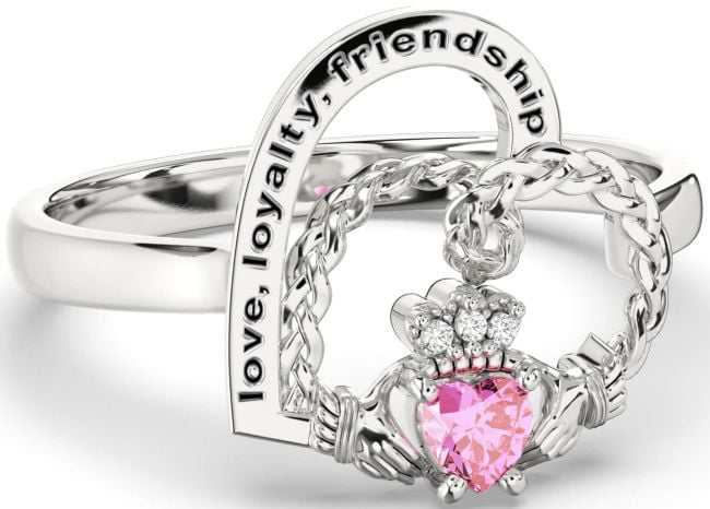 Diamond Pink Tourmaline Silver Irish Claddagh 