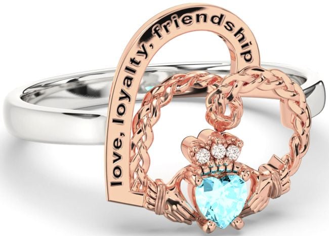 Diamond Aquamarine Rose Gold Silver Irish Claddagh 