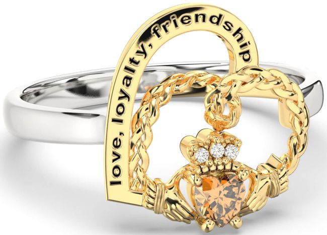 Diamond Citrine Gold Silver Irish Claddagh 