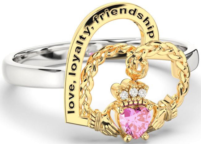 Diamond Pink Tourmaline Gold Silver Irish Claddagh 