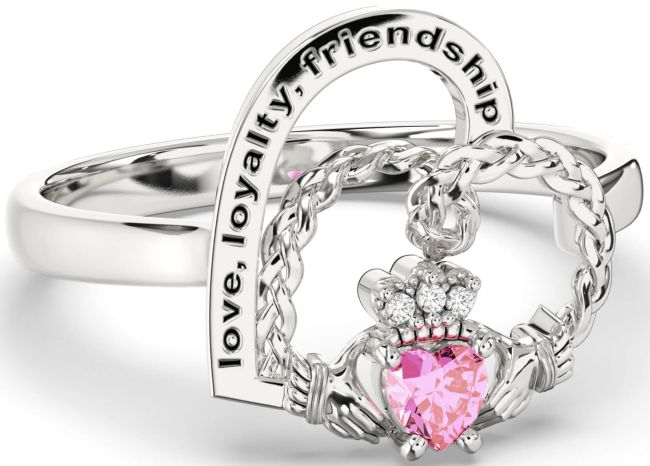 Diamond Pink Tourmaline White Gold Irish Claddagh 