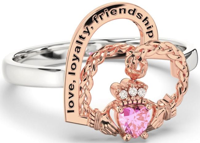 Diamond Pink Tourmaline White Rose Gold Irish Claddagh 