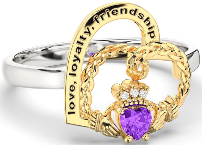 Diamond Amethyst White Yellow Gold Irish Claddagh 