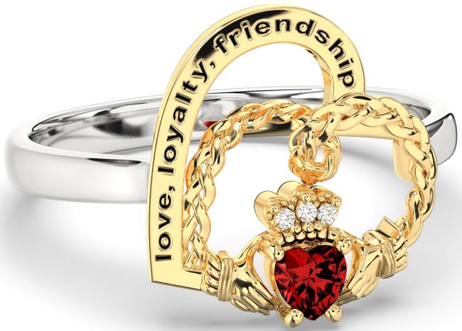 Diamond Garnet White Yellow Gold Irish Claddagh 