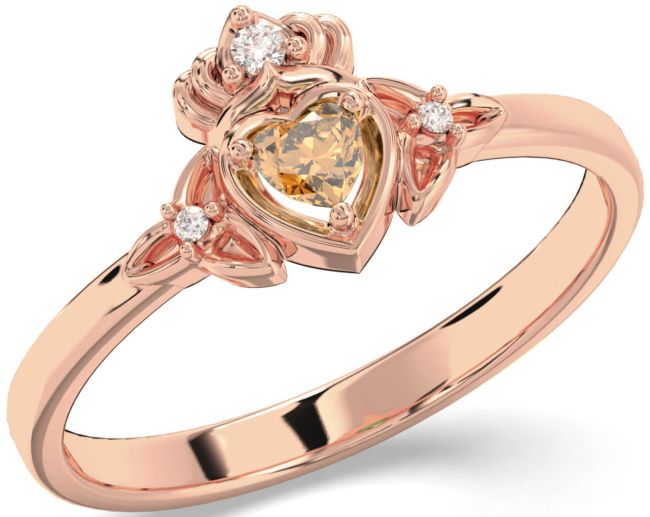 Diamond Citrine Rose Gold Silver Claddagh Celtic Trinity Knot Ring