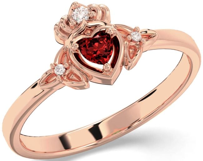 Diamond Garnet Rose Gold Silver Claddagh Celtic Trinity Knot Ring