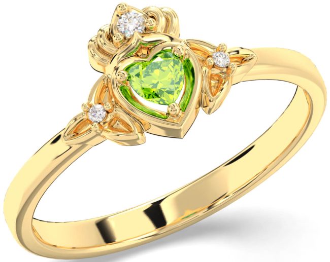 Diamond Peridot Gold Silver Claddagh Celtic Trinity Knot Ring