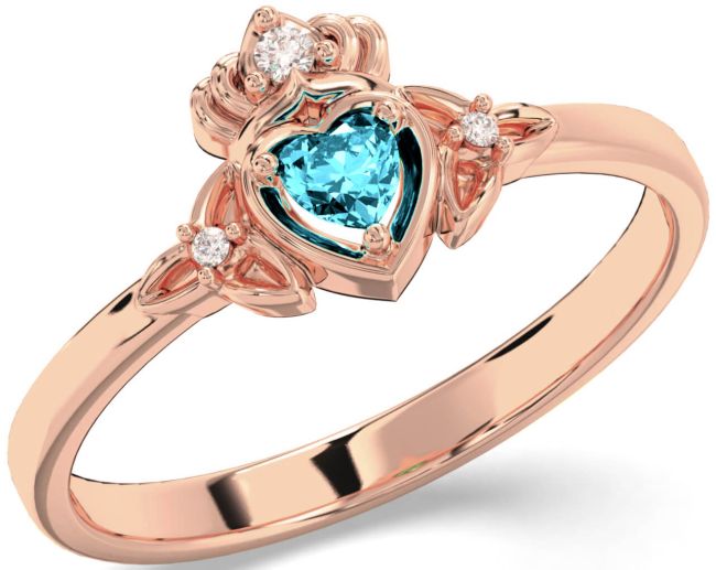 Diamond Aquamarine Rose Gold Claddagh Celtic Trinity Knot Ring