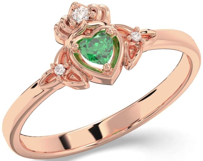 Diamond Emerald Rose Gold Claddagh Celtic Trinity Knot Ring