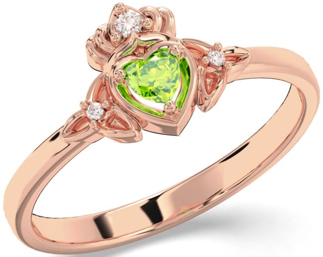 Diamond Peridot Rose Gold Claddagh Celtic Trinity Knot Ring