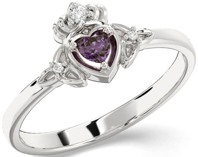 Diamond Alexandrite Silver Claddagh Celtic Trinity Knot Ring