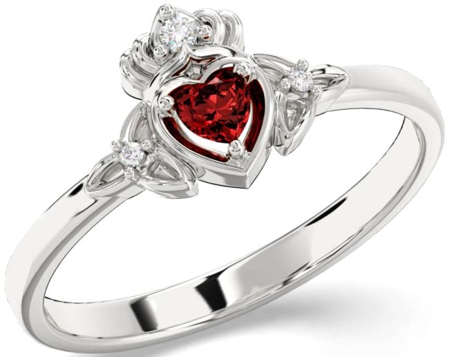 Diamond Garnet Silver Claddagh Celtic Trinity Knot Ring