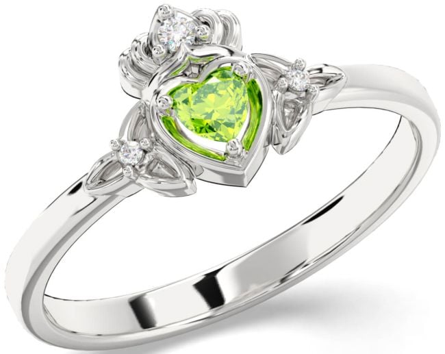 Diamond Peridot Silver Claddagh Celtic Trinity Knot Ring