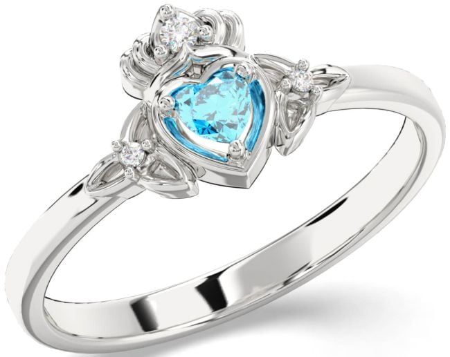 Diament Topaz Białe Złoto Claddagh celtycki Trójca Węzeł Pierścień