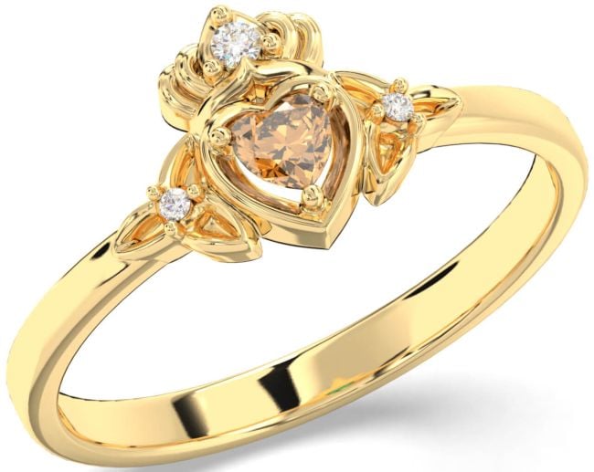 Diamond Citrine Gold Claddagh Celtic Trinity Knot Ring