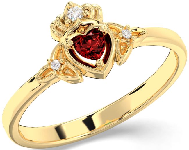 Diamond Garnet Gold Claddagh Celtic Trinity Knot Ring