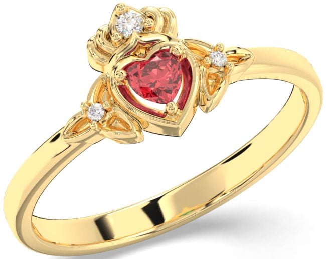 Diamond Ruby Gold Claddagh Celtic Trinity Knot Ring