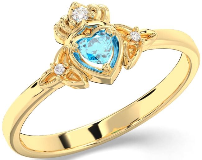 Diamond Topaz Gold Claddagh Celtic Trinity Knot Ring