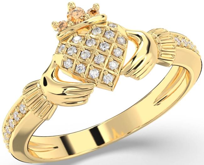 Diamond Citrine Gold Silver Claddagh Ring