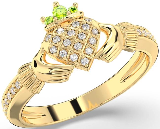 Diamond Peridot Gold Silver Claddagh Ring