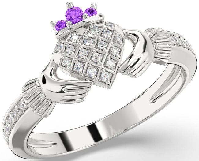 Diamond Amethyst Silver Claddagh Ring