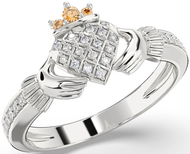 Diamond Citrine Silver Claddagh Ring