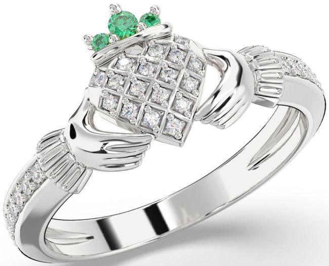 Diamond Emerald Silver Claddagh Ring