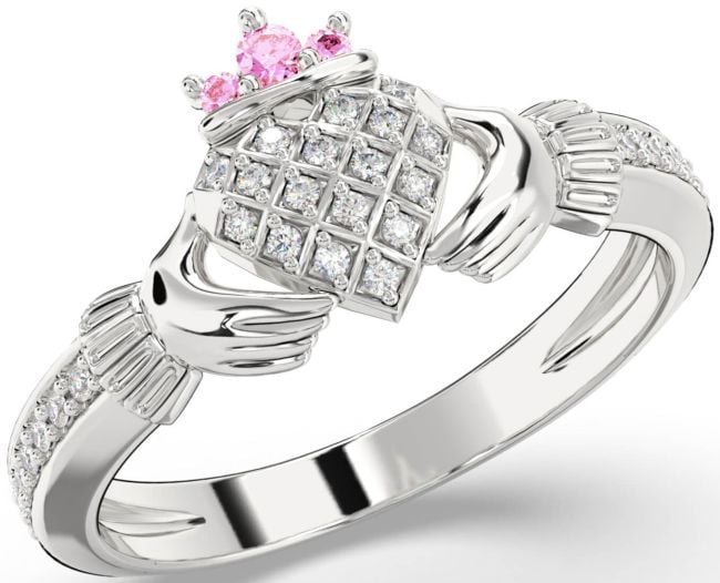 Diamond Pink Tourmaline Silver Claddagh Ring