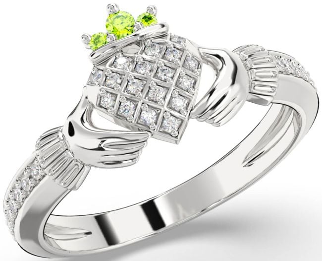 Diamond Peridot Silver Claddagh Ring