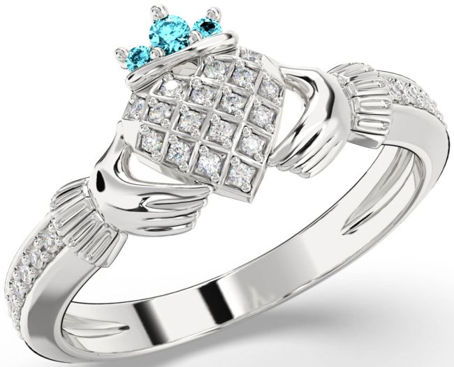 Diamond Aquamarine White Gold Claddagh Ring