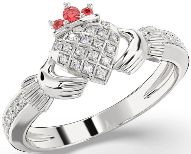 Diamond Ruby White Gold Claddagh Ring